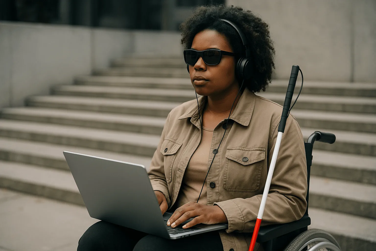 Femme en fauteuil roulant ayant son PC sur ses genoux