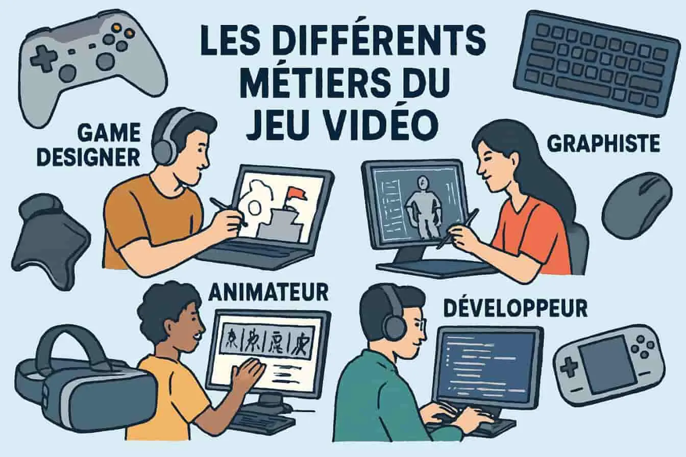 Les métiers du jeu vidéo illustrés : création, animation, graphisme, développement, avec équipements comme casque, console, clavier et tablette.