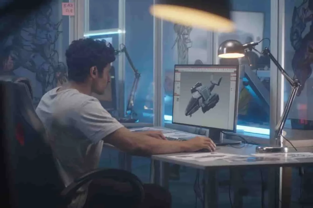 Modélisateur 2D/3D jeu vidéo en pleine création d’un engin spatial sur écran, entouré de papiers, lampe et déco murale.