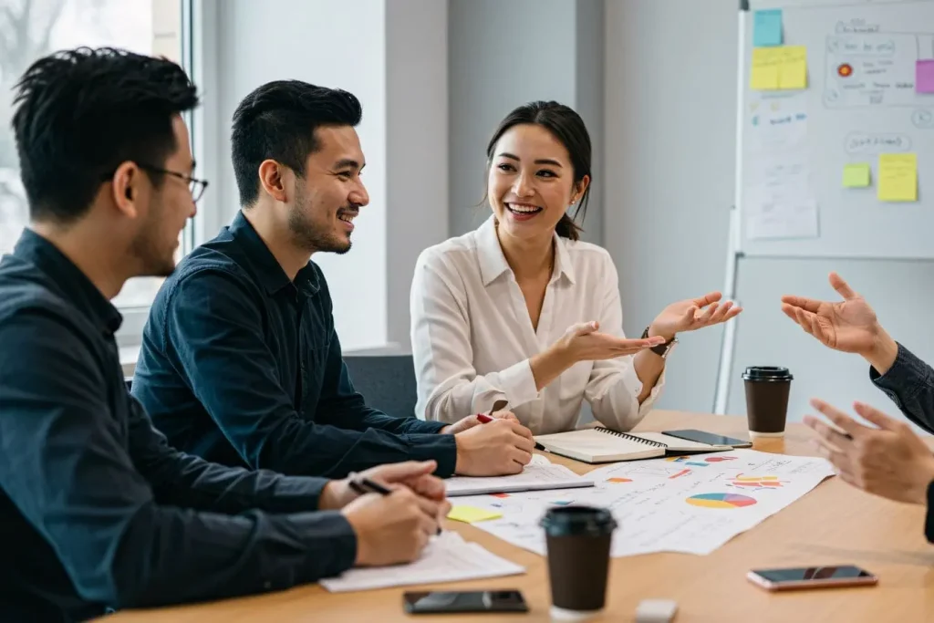 Discussion autour d’un tableau rempli de graphiques, ambiance professionnelle axée sur la Lifetime Value en entreprise