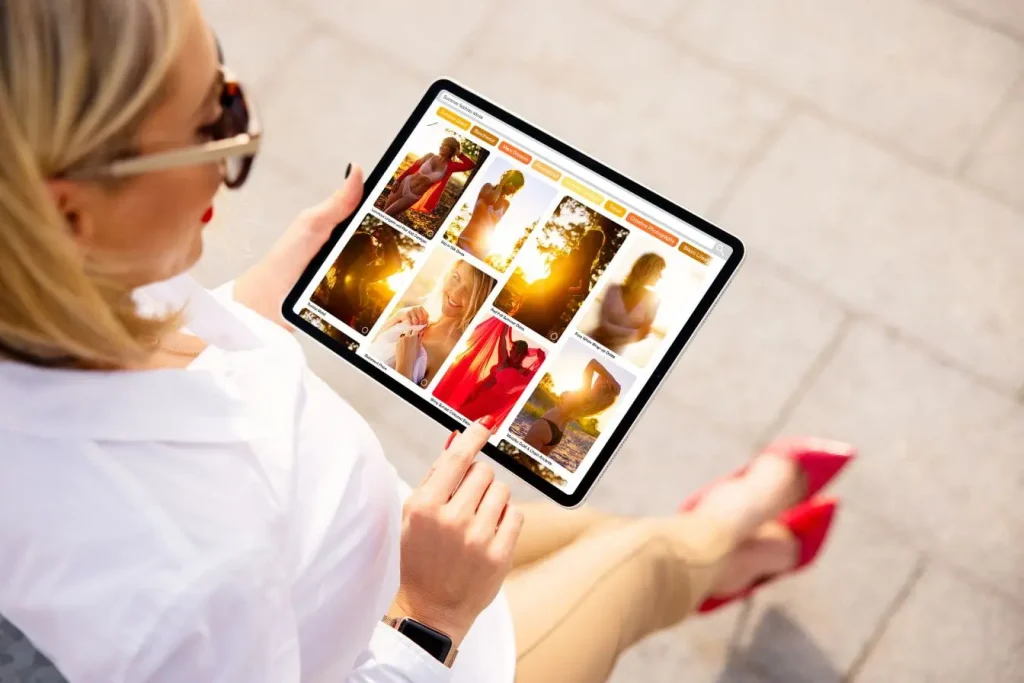 Personne en talons rouges consultant une galerie d’images illustrant une stratégie visuelle pour monétiser Pinterest