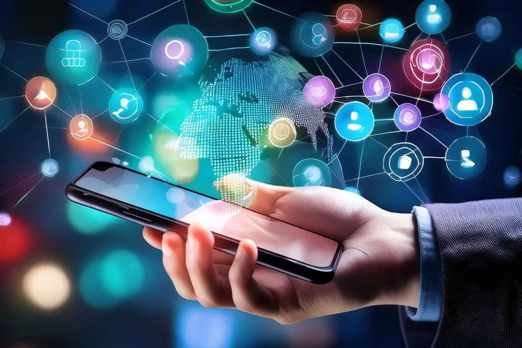 Réseau d’icônes numériques autour d’un globe lumineux, image d’un profil Pinterest structuré pour la visibilité