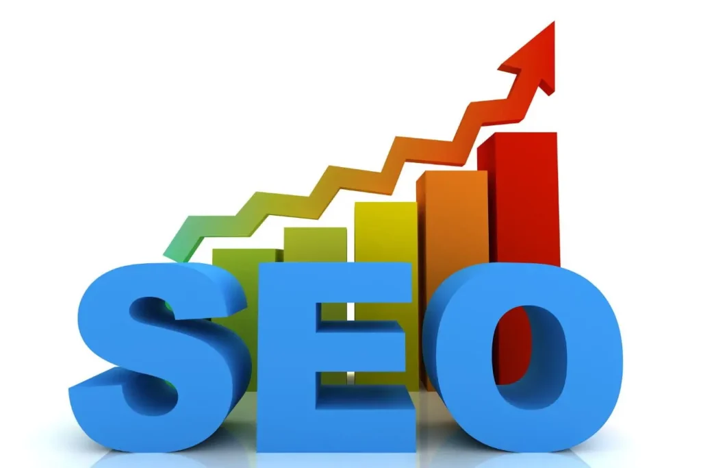 Illustration avec lettres SEO en bleu devant graphique coloré et flèche ascendante représentant la croissance issue d’un audit SEO