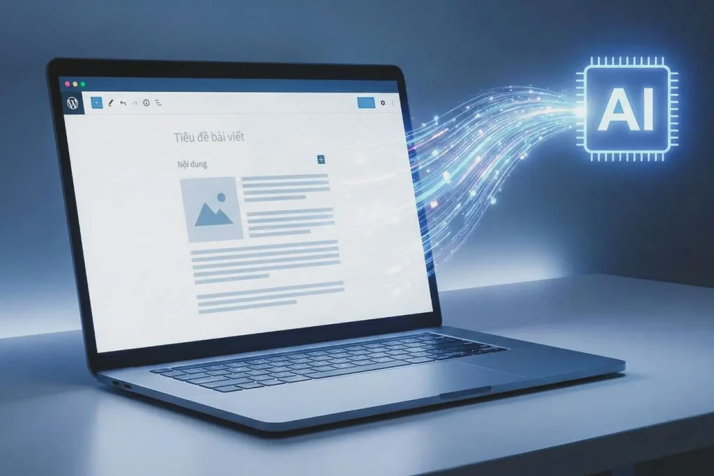 Laptop avec interface WordPress et puce IA lumineuse symbolisant le rôle de l’IA dans le crawl et l’indexation Google.