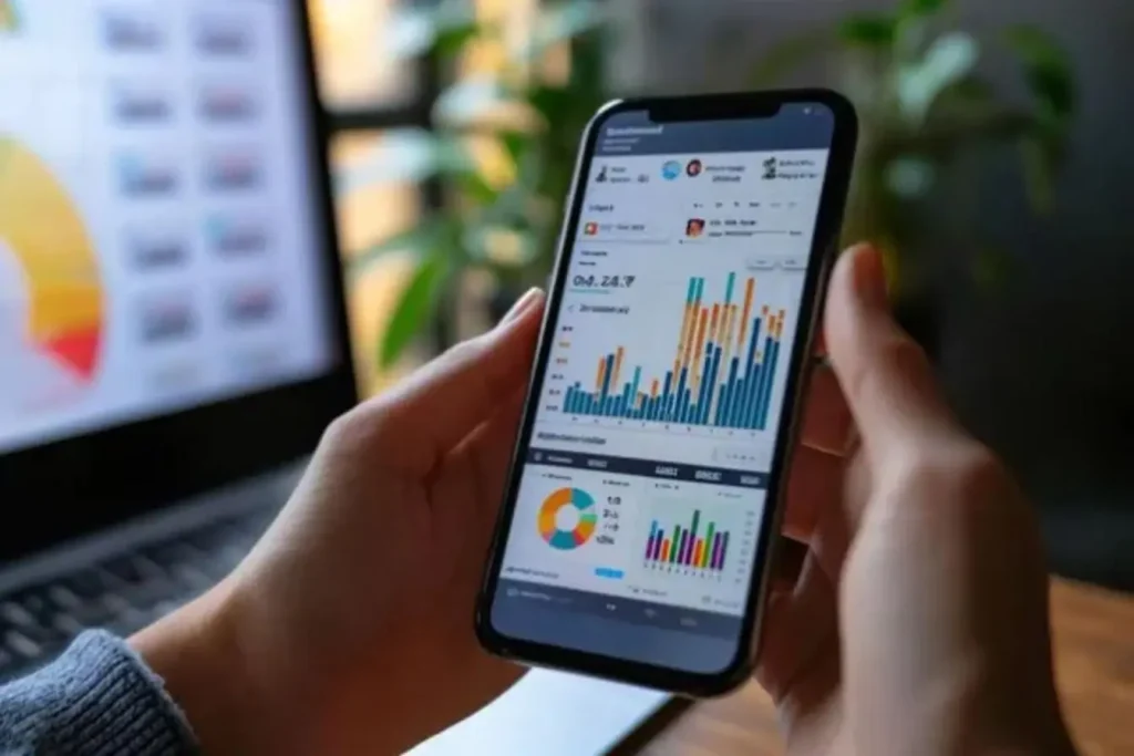 Smartphone affichant tableau de bord avec graphiques colorés finance ventes croissance et objectifs, illustrant analyse de données mobile et optimisation Google.