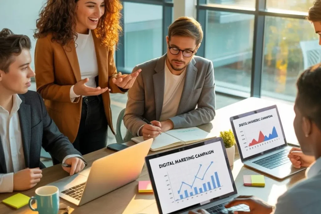 Laptops affichant courbes de croissance évoquant algorithme PageRank et hiérarchie des résultats