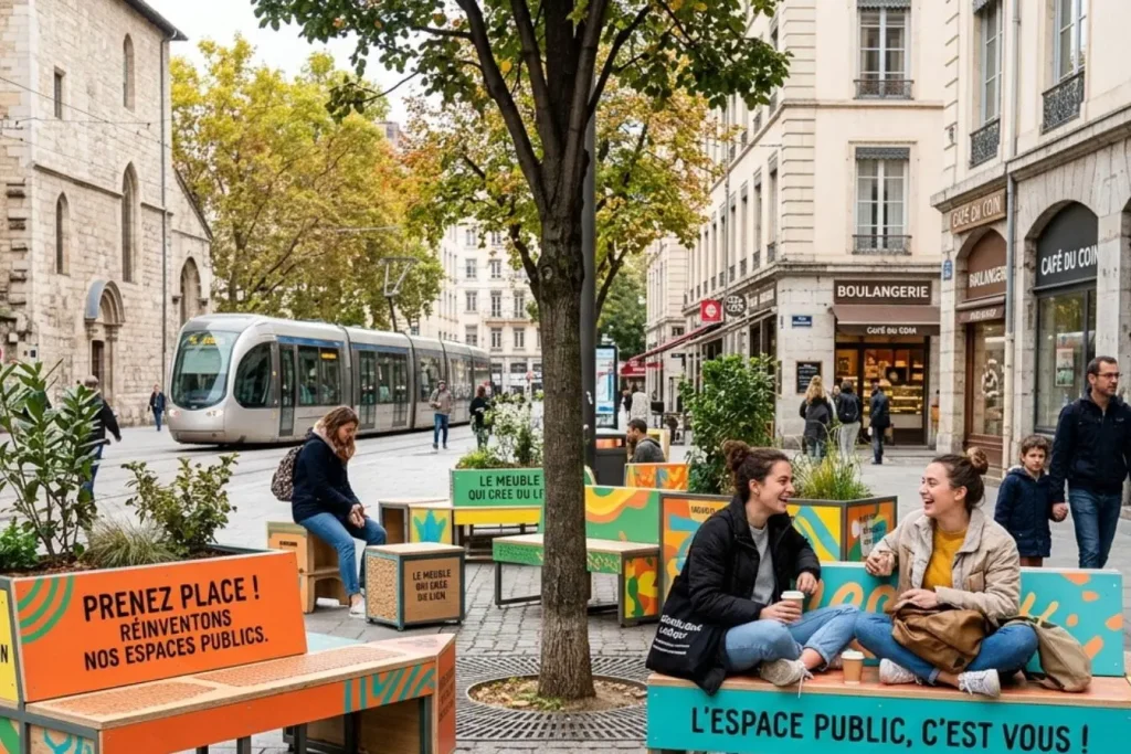 Rue animée avec tram et mobilier coloré, image illustrant une campagne de guérilla marketing visant à réinventer l’espace public et attirer l’attention des passants.