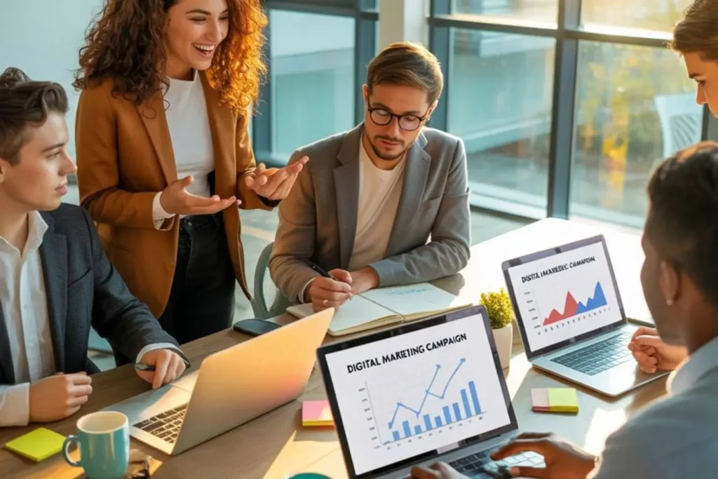 Réunion marketing avec graphiques sur ordinateurs illustrant EEAT Google et ses piliers expertise, autorité et fiabilité pour optimiser crédibilité des contenus