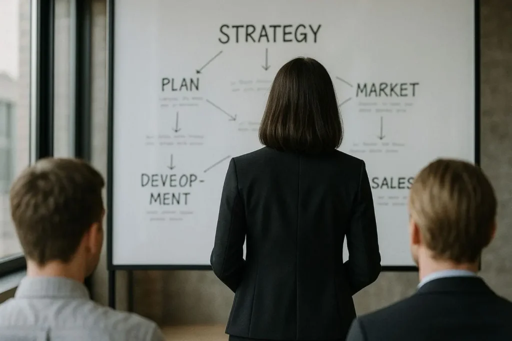 Personne debout devant tableau STRATEGY anime une réunion où plan développement marché et ventes traduisent la synergie du co‑marketing.