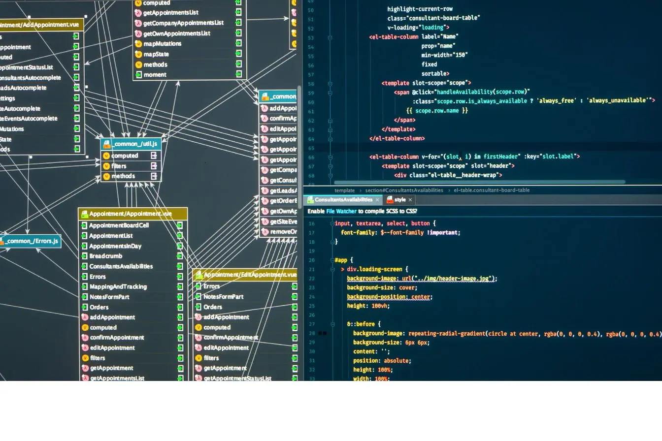 données structurées schema.org Écran de code Vue.js et schéma de composants, image illustrant l’usage des données structurées schema.org pour optimiser visibilité et SEO.