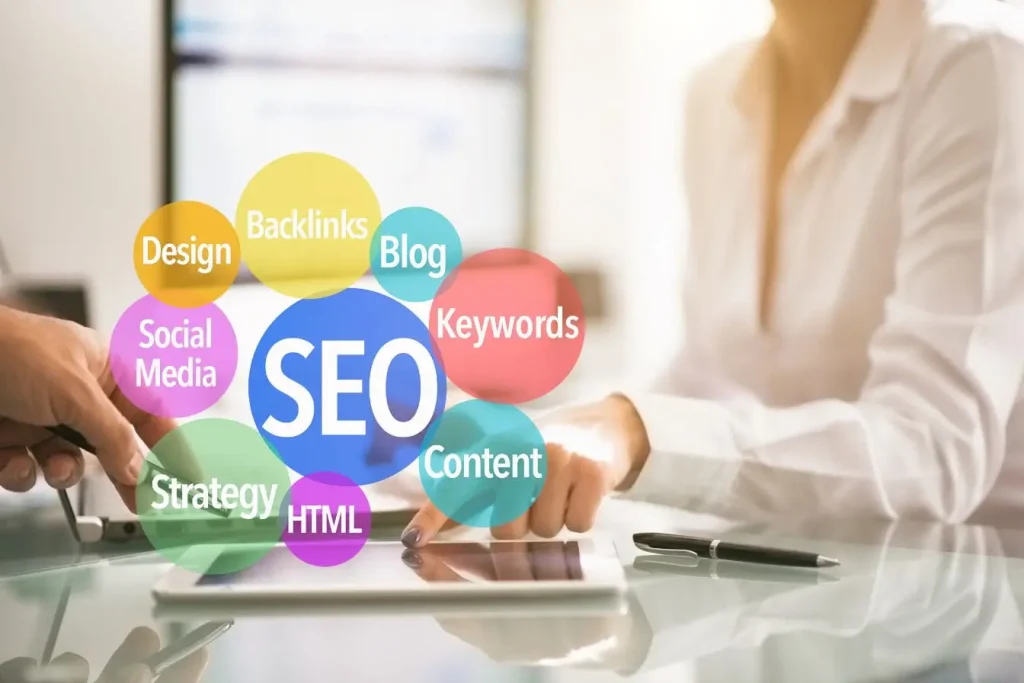 Réunion professionnelle avec schéma coloré mettant en avant SEO et ses composantes design, backlinks, contenu et stratégie illustrant un audit SEO complet.