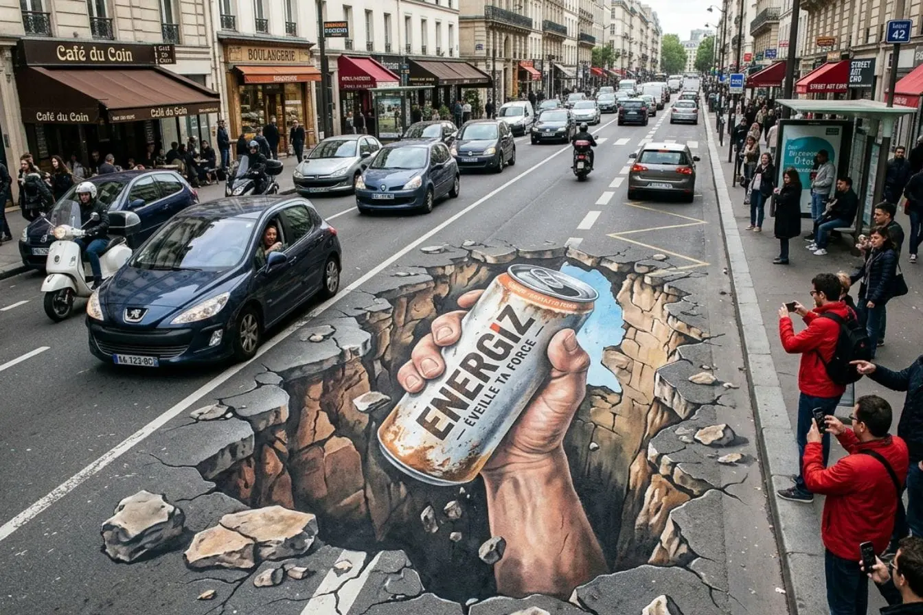 Rue animée avec fresque 3D d’une main géante tenant une canette, image illustrant une opération de guérilla marketing captivant les passants.