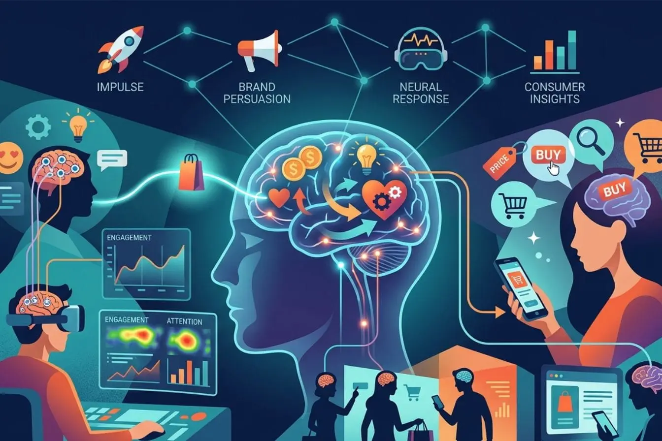 Illustration d’un cerveau connecté à icônes d’émotions et données, image représentant le neuromarketing et l’analyse des comportements de consommation.