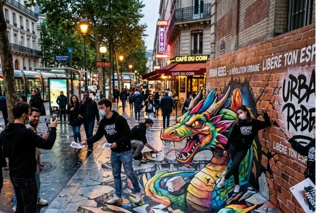 Rue urbaine avec dragon géant en trompe-l’œil, image mettant en avant une campagne de guérilla marketing marquante et visuellement percutante.