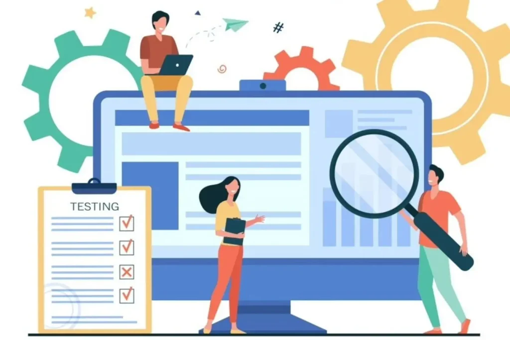 Illustration de personnages analysant écran géant avec loupe et checklist reflétant principe du PageRank et hiérarchie des pages web.