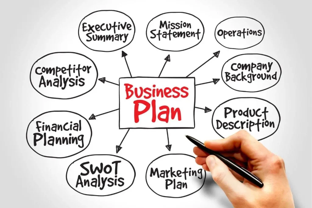 Main tenant marqueur devant diagramme business plan, symbole de la construction d’un plan stratégique complet