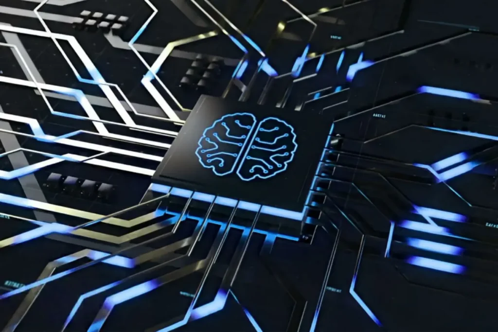 Un processeur central avec un cerveau bleu lumineux illustre l'IA prédictive qui analyse les données et l'IA générative qui crée du contenu original et complexe.