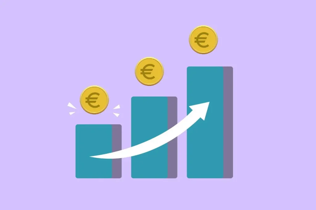 Graphique en barres avec pièces euro et flèche ascendante, image illustrant le burn rate et la vitesse de consommation des ressources financières.