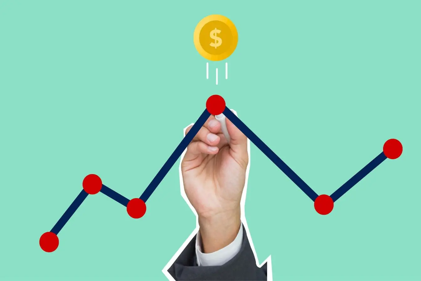 Graphique stylisé avec ligne bleue et pièce dorée, illustration du burn rate représentant la vitesse de dépense d’une entreprise.