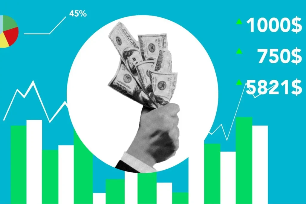 Main tenant des billets entourée de graphiques financiers, image illustrant le burn rate et la vitesse de consommation des ressources d’une entreprise.