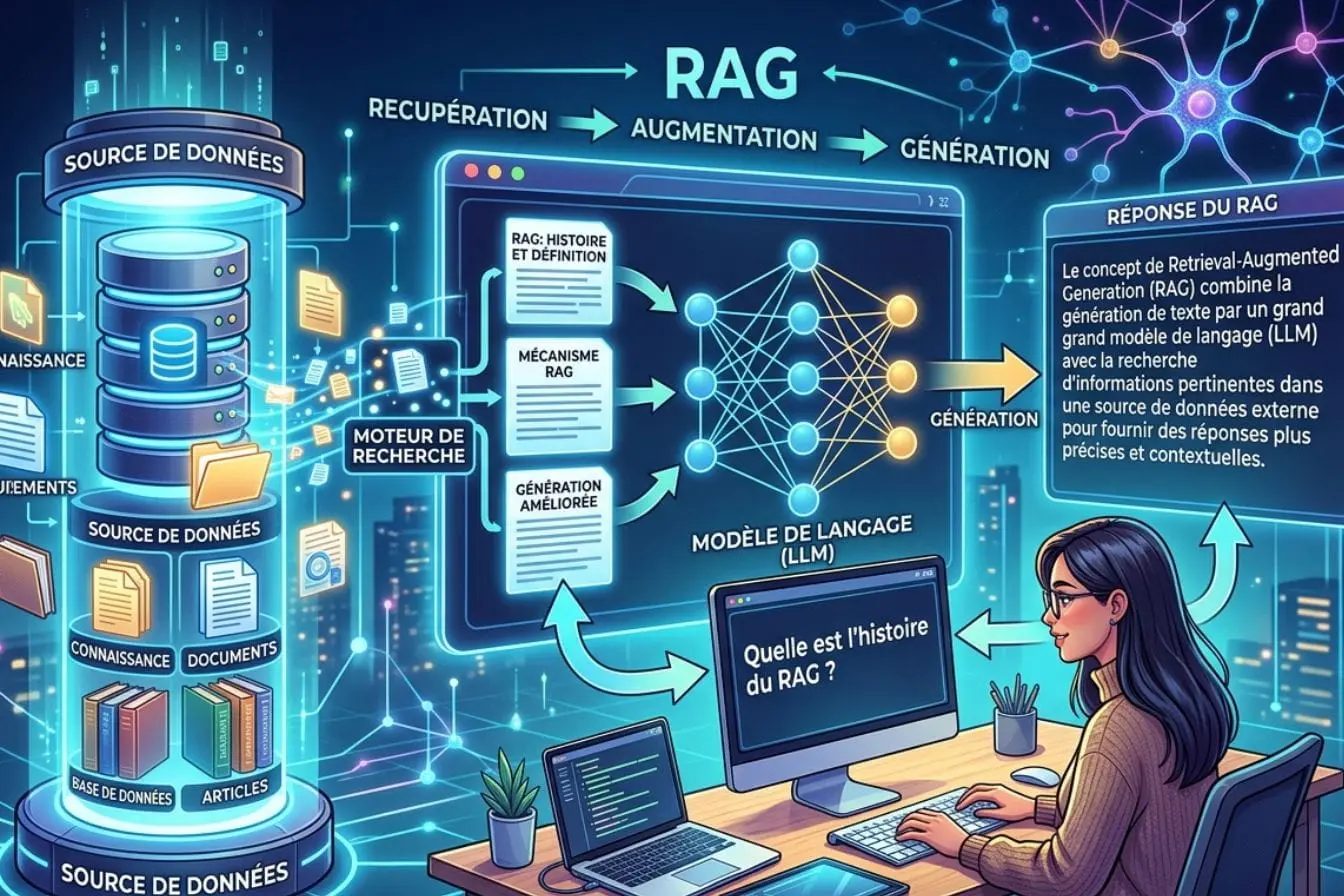 Illustration numérique montrant flux de données vers modèle de langage, image représentant le Retrieval-Augmented Generation et l’optimisation des réponses.
