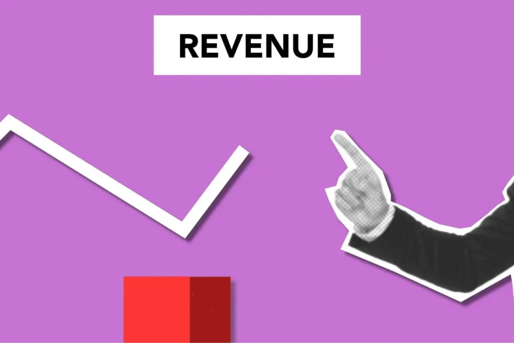 Fond violet avec mot revenue en noir et main en costume pointant vers le haut reflétant la logique RevOps d’optimisation des revenus.