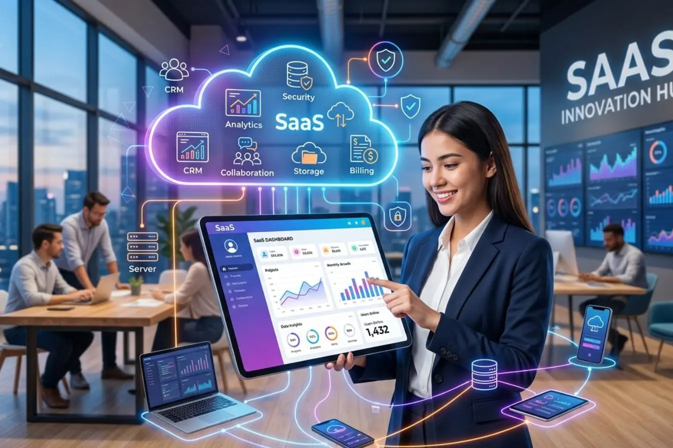 Personne tenant tablette affichant tableau de bord reflétant la puissance et la flexibilité des solutions SaaS.