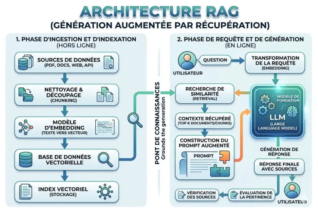 Infographie détaillant ingestion et génération, image illustrant le Retrieval-Augmented Generation et la combinaison entre recherche et IA.