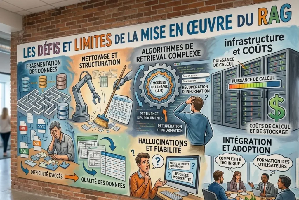 Fresque murale illustrant fragmentation des données et algorithmes complexes, image représentant le Retrieval-Augmented Generation et ses défis techniques.