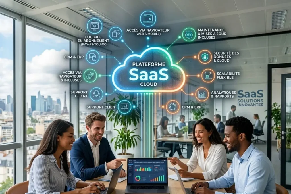 Groupe en réunion reflétant la collaboration et l’efficacité permises par une plateforme SaaS.