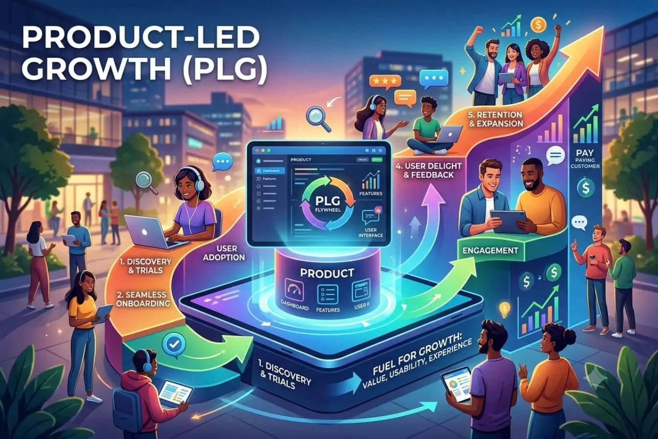Product-Led Growth Infographie circulaire illustrant étapes du Product-Led Growth, image montrant adoption utilisateur et croissance par produit.
