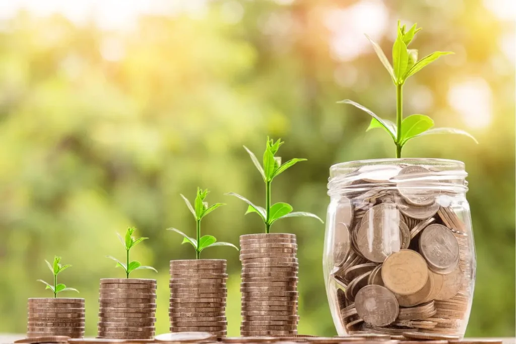 Piles de pièces de plus en plus hautes avec plantes vertes, image qui illustre la croissance progressive et durable des investissements en Private Equity.