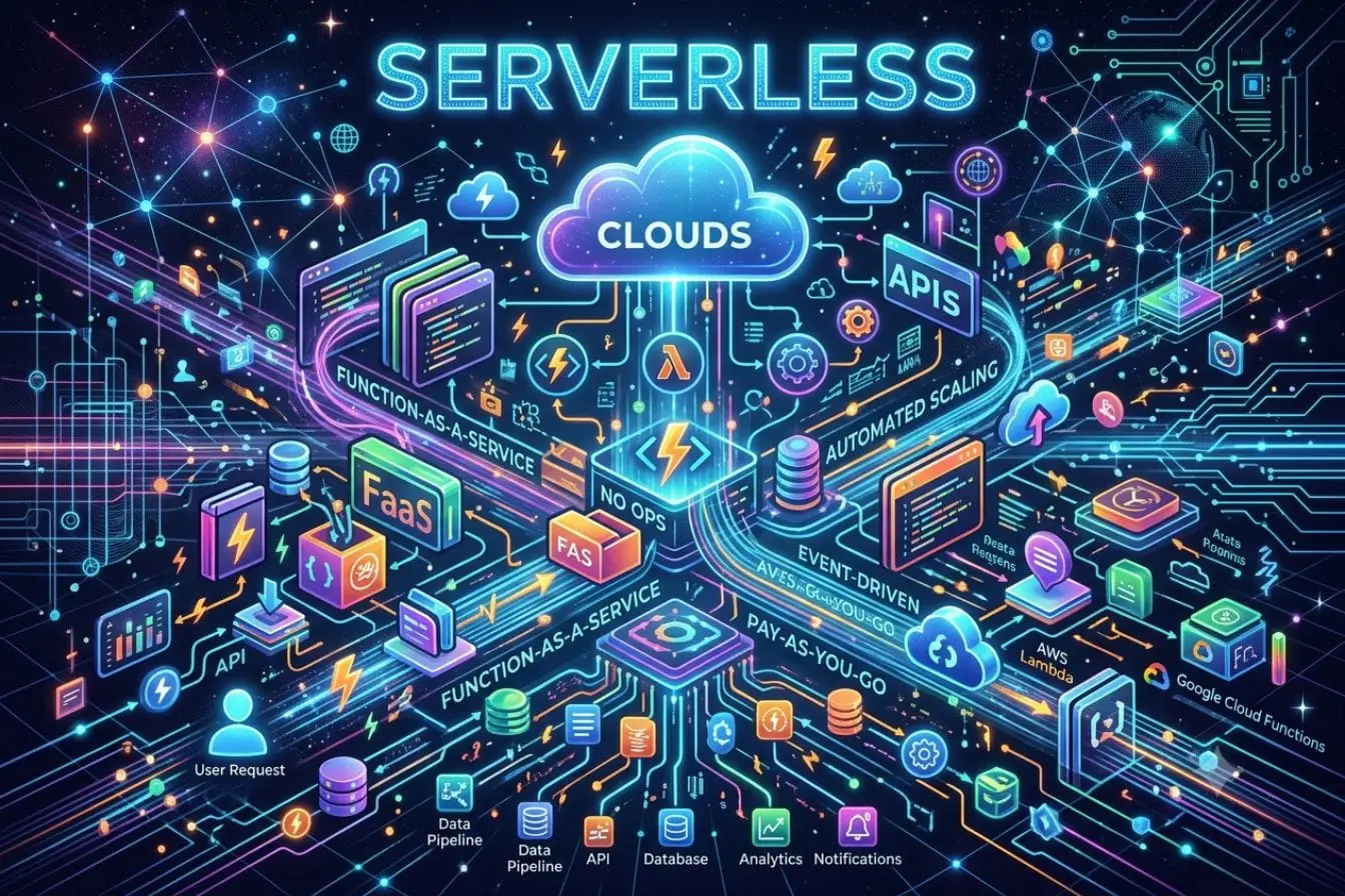 Illustration futuriste avec nuage lumineux entouré d’icônes, image représentant l’architecture serverless et ses composants.