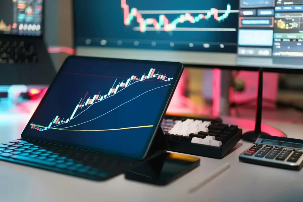 Écrans de trading affichant graphiques financiers, image illustrant l’analyse des données et la transparence offertes par la blockchain.