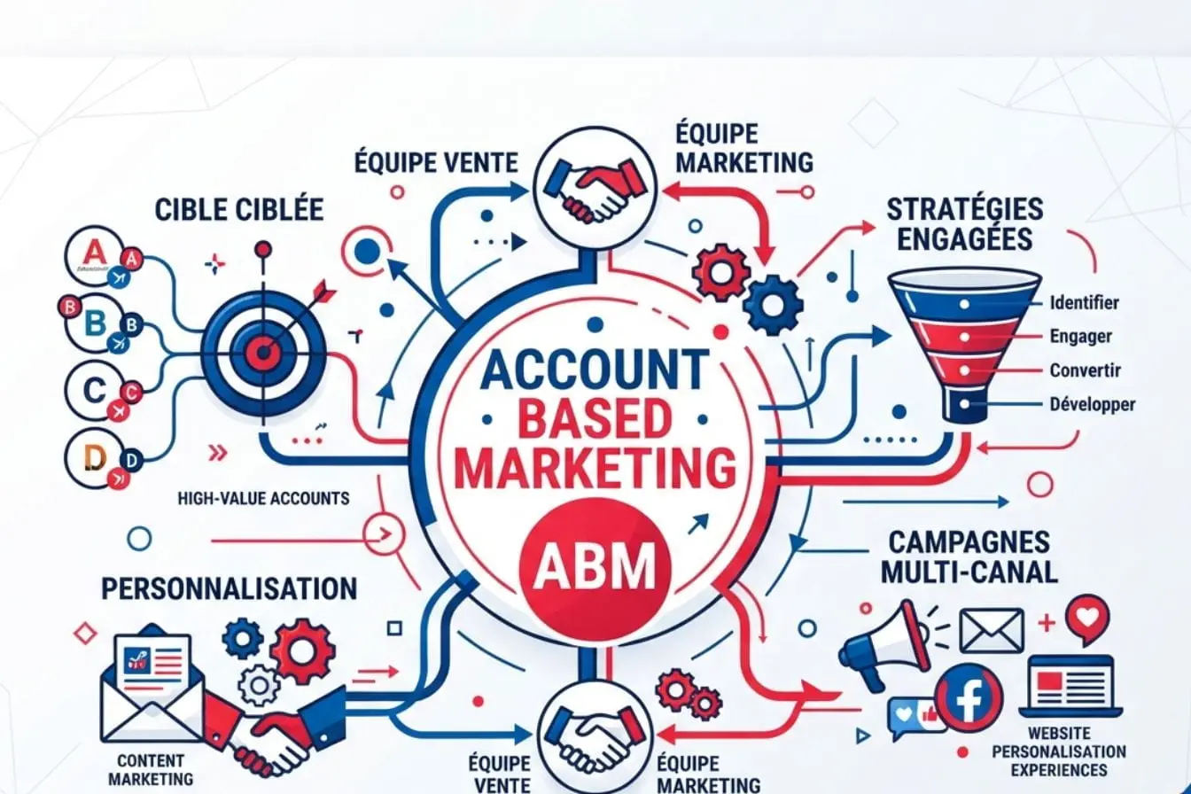 Account Based Marketing Infographie colorée expliquant l’Account Based Marketing avec flèches reliant ventes et marketing pour cibler des comptes stratégiques.
