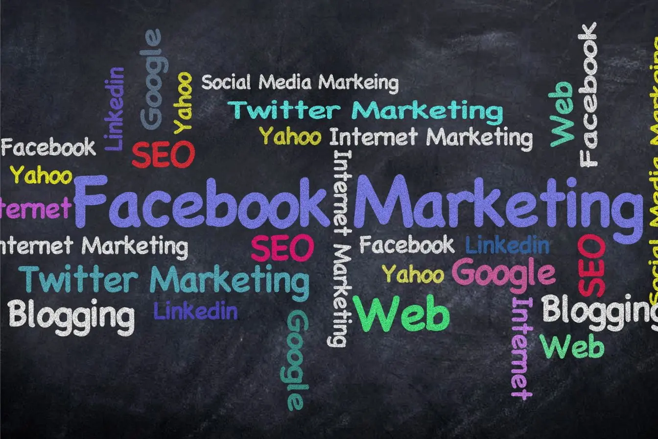Growth Marketing Fond noir avec mots colorés comme Facebook, SEO et Marketing, image qui illustre les leviers du Growth Marketing pour développer une stratégie digitale.