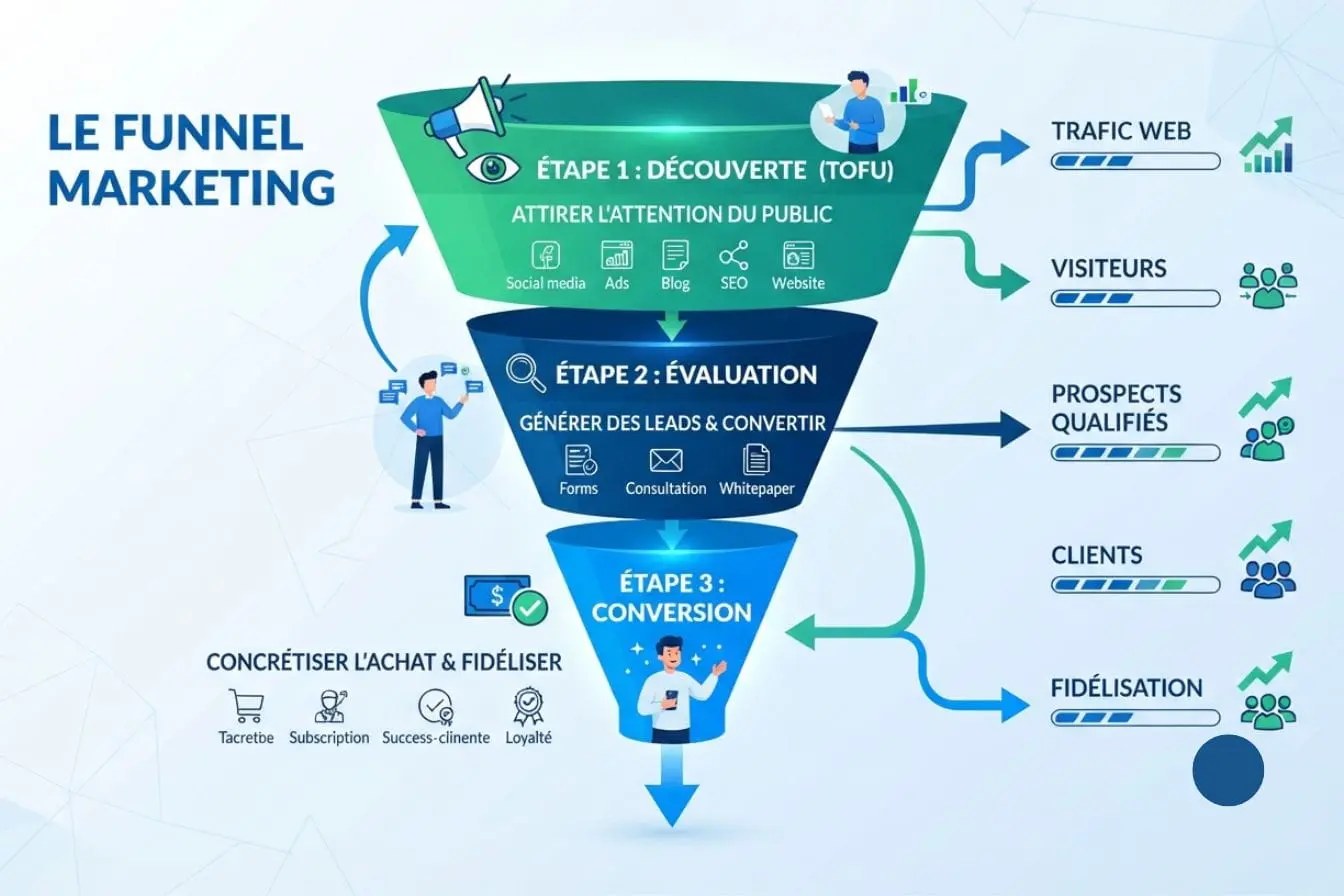 funnel marketing Schéma en entonnoir illustrant le parcours marketing, image qui montre comment attirer, convertir et fidéliser les clients.
