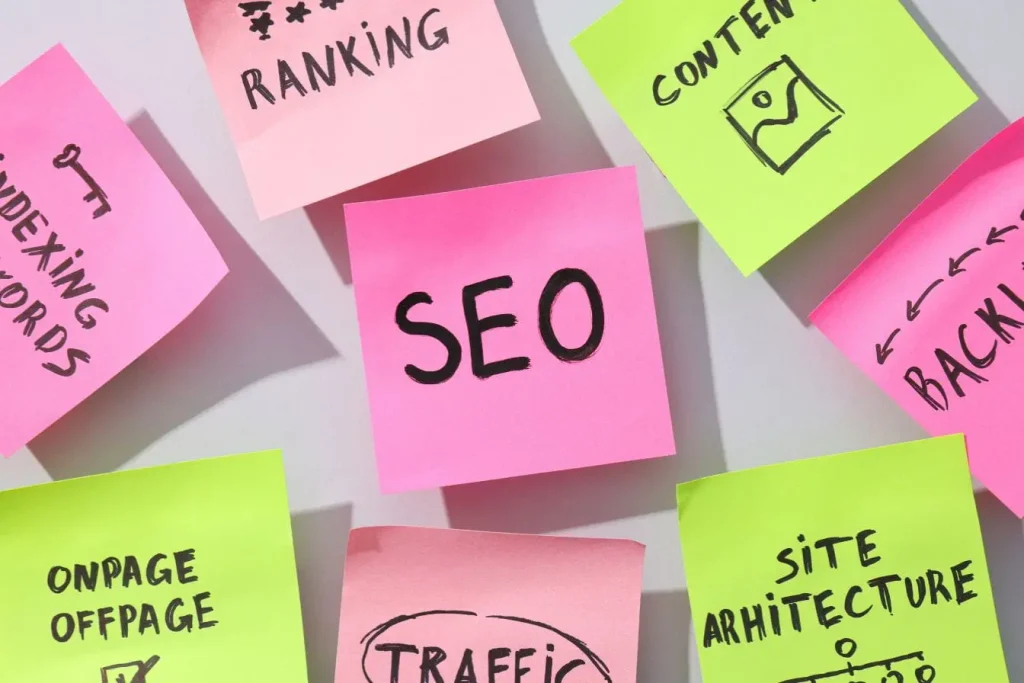 Notes SEO avec schémas de site architecture, reflet des critères clés pour le référencement.