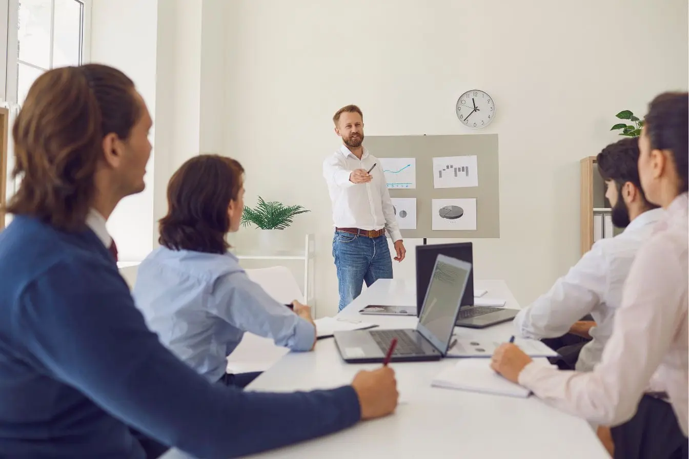 stratégies d’upselling et de cross-selling Réunion d’équipe autour d’un tableau avec graphiques, image qui illustre les stratégies d’upselling et de cross-selling pour augmenter les ventes.