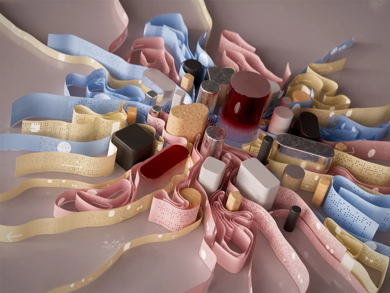 biais des IA génératives Rubans colorés entremêlés autour d’objets variés, image qui illustre la complexité des biais des IA génératives.