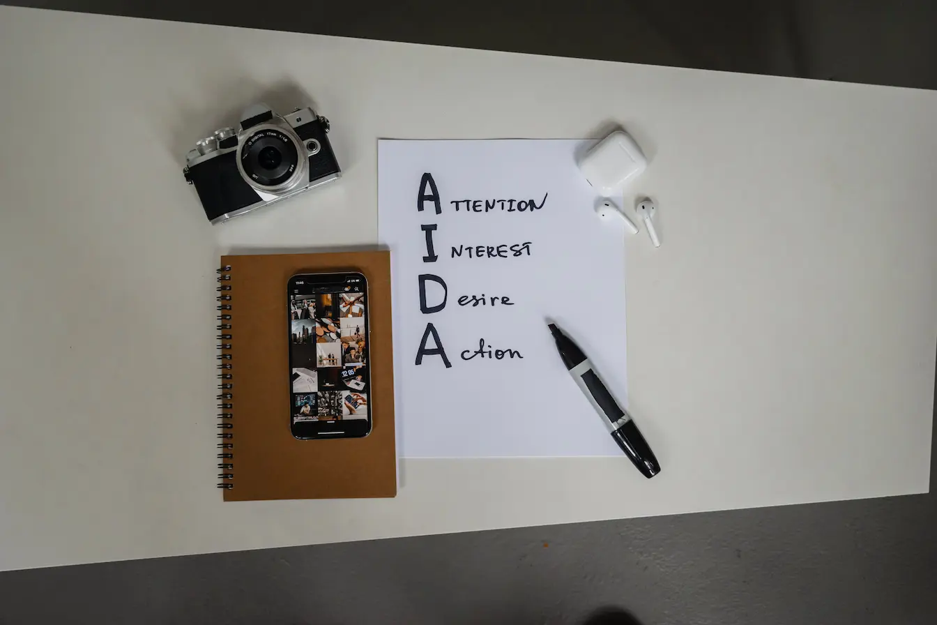 méthode AIDA en marketing Carnet, smartphone et caméra posés sur table, image qui illustre la méthode AIDA en marketing.
