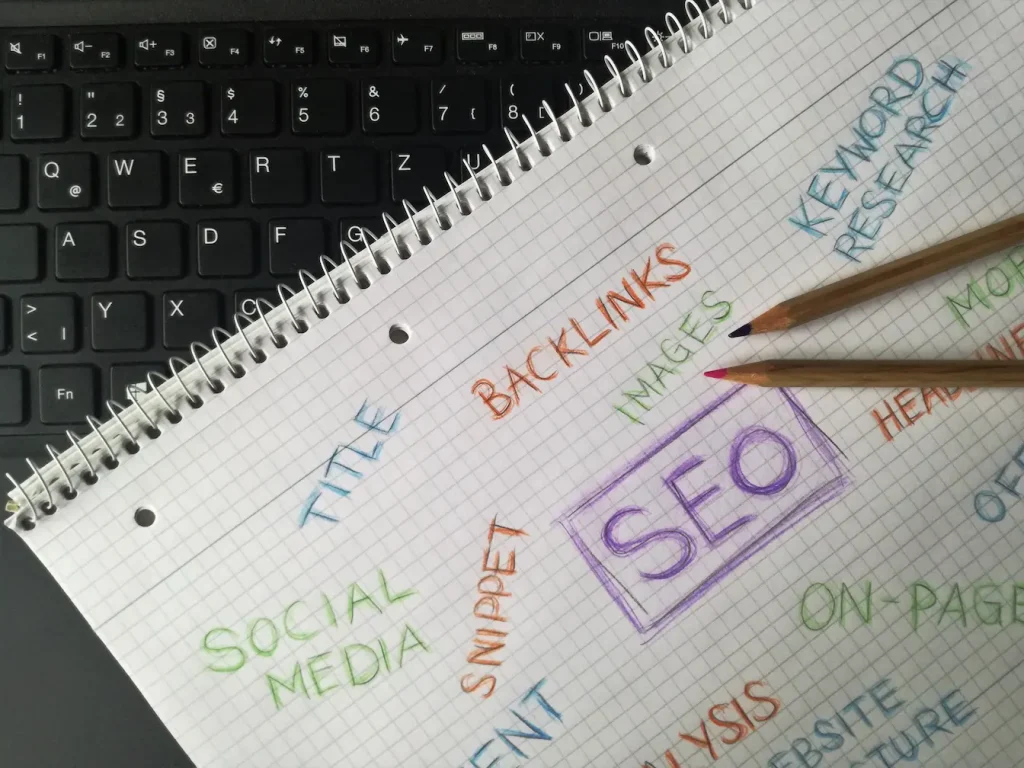 Page quadrillée remplie de termes SEO, reflet de l’IA générative et référencement et de ses effets sur l’optimisation digitale.