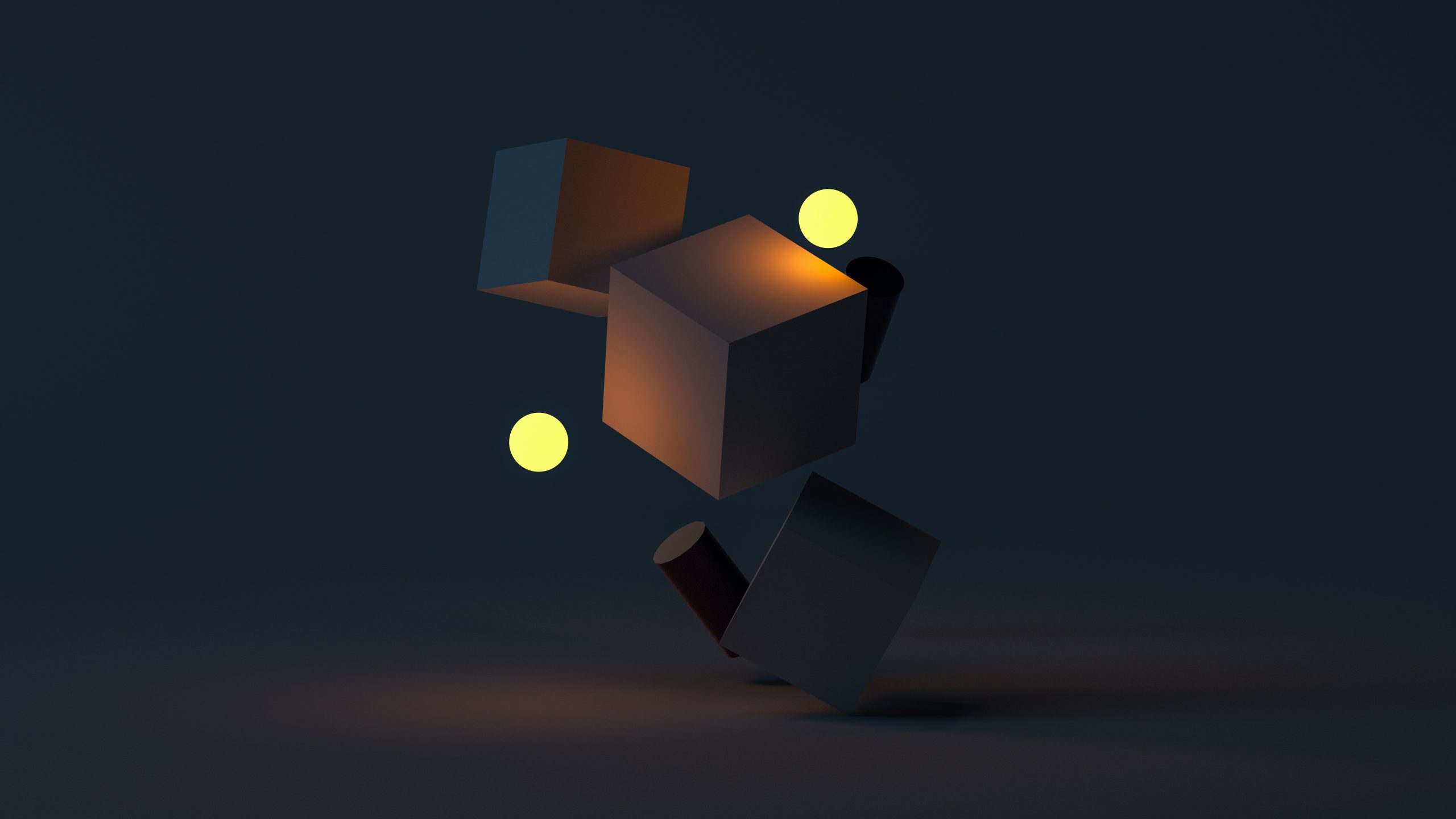 photo-1622737133809-d95047b9e673 Rendu 3D abstrait de cubes en lévitation et de sphères lumineuses jaunes sur fond sombre