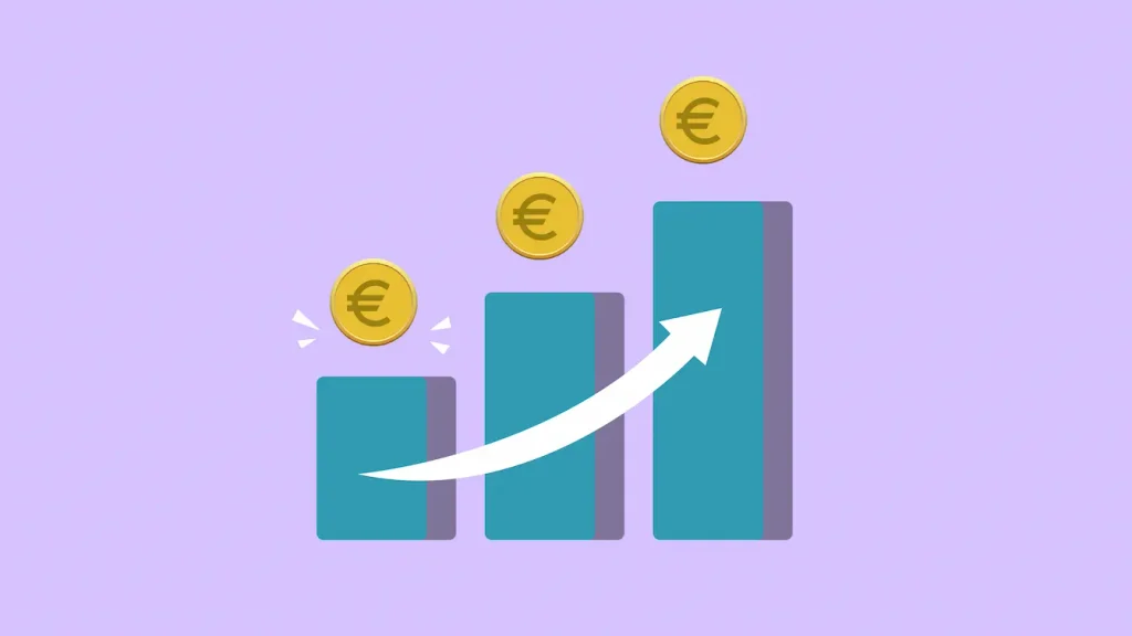 Graphique en barres avec pièces euro dorées et flèche ascendante, symbole des étapes clés d’une levée de fonds réussie.
